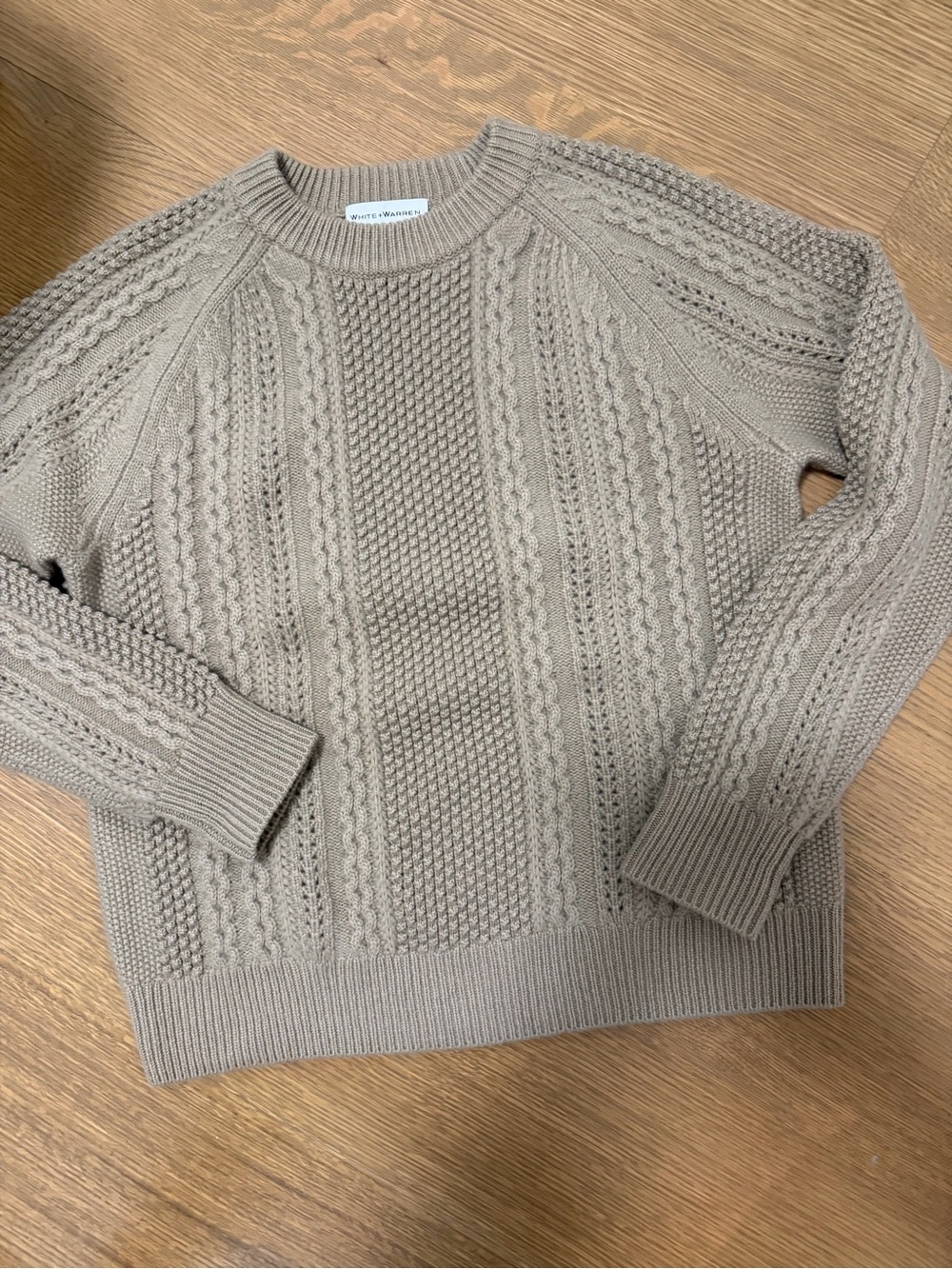 White + Warren Taupe Cable-Knit Crewneck Sweater